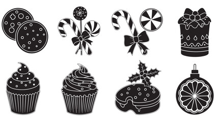 Black Christmas Sweets and Decorations Isolated on White Background