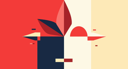 Abstract Geometric Composition with Floral Motif and Contrasting Colors.