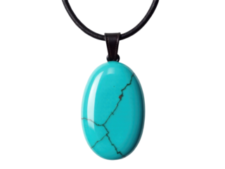 A turquoise stone pendant on a black leather necklace. transparent background