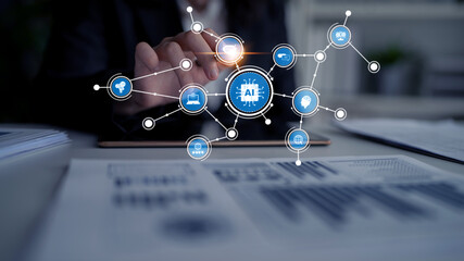 A professional workspace showcasing a hand interacting with a tablet, surrounded by connected icons representing artificial intelligence, technology, and innovation. Tessel