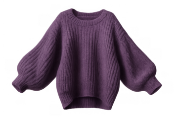 Purple knitwear pullover with long puffed sleeves, ribbed cuffs and hem, displaying soft wool texture for casual wear