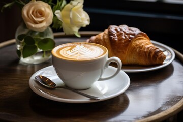 Cup of coffee with latte art next to a croissant and roses on a wooden table, perfect breakfast in a cafe