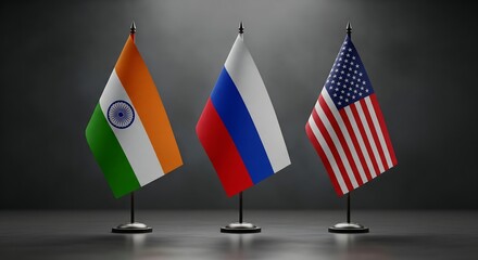 India, Russia, and USA Flags Symbolizing International Relations, Diplomacy, and Global Geopolitics