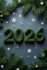 Festive 2026 New Year with Pine Branches and Snowflakes. Happy new year 2026
