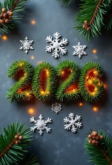 Festive 2026 New Year with Pine Branches and Snowflakes. Happy new year 2026