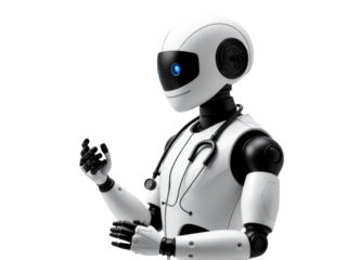 A robot with a stethoscope examining a patient, possibly in a medical or hospital setting. transparent background