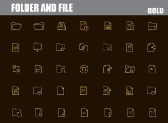 Minimal folder and file line icons set in luxury gold. data archive.
