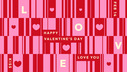 Valentine&rsquo;s Day background with geometric red and pink patterns, hearts, and love themed typography including Happy Valentine&rsquo;s Day, Love You. Romantic design for cards, posters and social media.