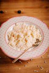 Creamy rice porridge served in ceramic plate with spoon. Warm tones, soft light and minimal composition create a calm, healthy and comforting breakfast mood.