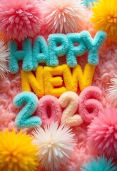 Happy New Year 2026 Fluffy Text with Colorful PomPoms. Happy new year 2026