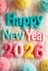 Happy New Year 2026 Fluffy Text with Colorful PomPoms. Happy new year 2026