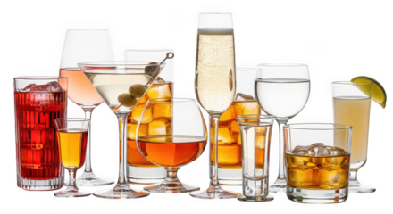 Assorted glasses filled with various colorful drinks isolated on transparent background
