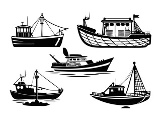 Collection of stylized fishing boat silhouettes on a dark background