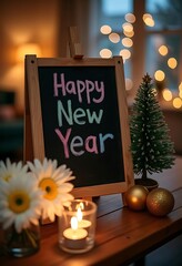 Festive New Year's Greeting on a Blackboard with Warm Lights. Happy new year 2026
