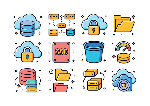 Colorful Data Icons. Data storage. Colorful isometric vector ico