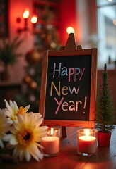 Festive New Year's Greeting on a Blackboard with Warm Lights. Happy new year 2026