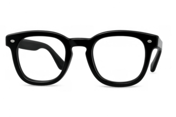 Black modern plastic frame eyeglasses with transparent lenses, fashionable eyewear correcting vision on transparent background