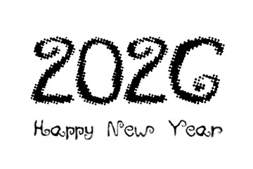 2026 Happy New Year hand drawn typography design, playful sketch style text on white background for festive greeting cards, social media posts, posters, banners, invitations, calendars and celebration