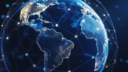 A futuristic digital representation of planet earth showing global connectivity and a network over the continents of america