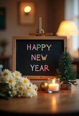 Festive New Year's Greeting on a Blackboard with Warm Lights. Happy new year 2026