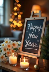Festive New Year's Greeting on a Blackboard with Warm Lights. Happy new year 2026