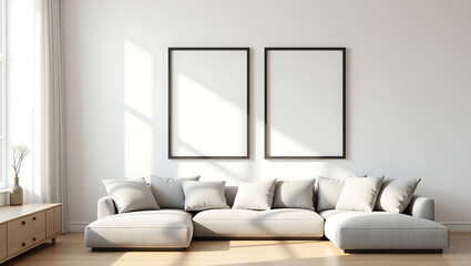 Bright and minimalist living room interior with a comfortable light gray sectional sofa and blank poster frames