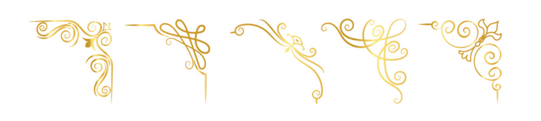 set of five elegant golden corner ornaments with intricate calligraphic swirls and floral motifs. © Kay
