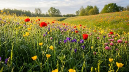 Obraz premium Vibrant Wildflower Meadow in Spring Wildflowers Nature Flowers. Concept featuring wildflowers, meadow, spring, nature, flowers.