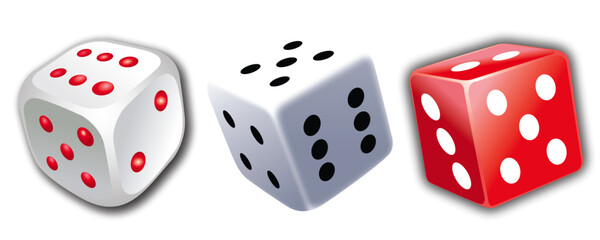 A set of three realistic 3D gaming dice in red and white with rounded and sharp corners.