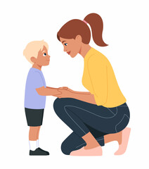 A touching scene depicting a mother kneeling to connect with her young son, capturing love, support, and understanding in their interaction together.