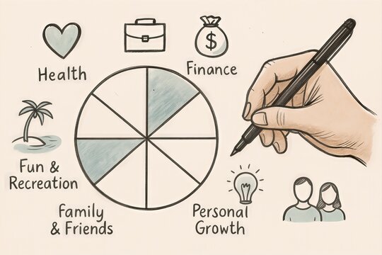 Diagram illustrating the multifaceted dimensions of life including health, finance, family, personal growth and recreation emphasizing balance and holistic wellness concepts
