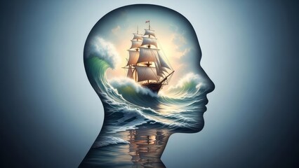 Creative Mind with Sailing Ship and Waves Surreal Imagination Ocean. Concept featuring surreal, imagination, ocean, waves, sailing ship.