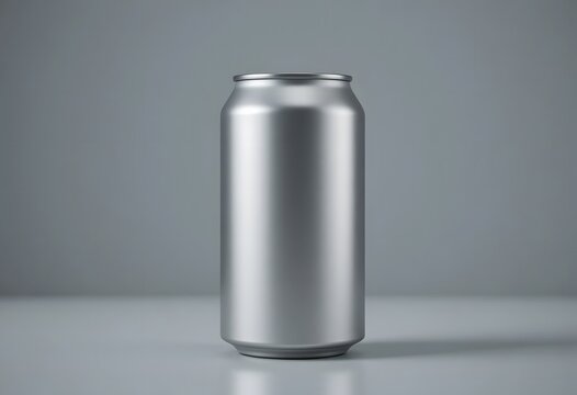 Sleek metallic aluminum beverage can presented as a modern blank mockup on a simple gray background. 12 oz can mockup