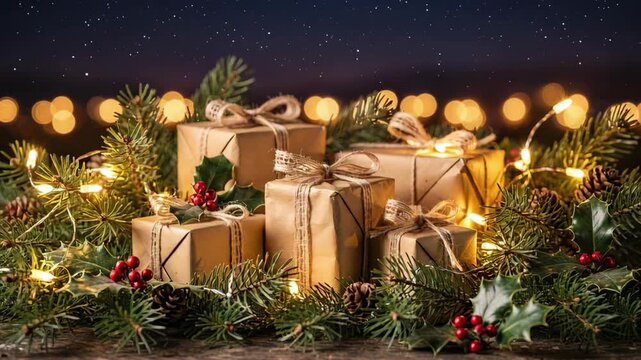 Festive christmas gift box and holiday decoration with magical pile of presents under warm glowing light