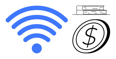 Technology, education, finances, connectivity, e-learning, savings. Blue wireless signal, stacked books and dollar coin. Connectivity and e-learning concept