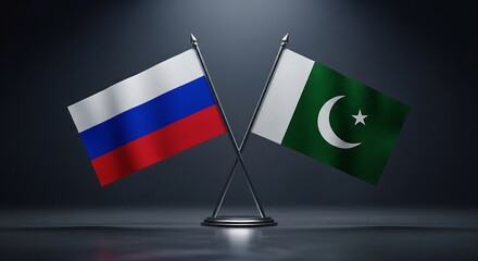 Russia and Pakistan Flags Crossed on Stand Representing Diplomatic Relations and Alliance