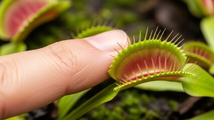 Close-up of a Venus Flytrap and Finger Interaction Carnivorous Plant Nature Botanical. Concept featuring venus flytrap, carnivorous plant, close-up, nature, botanical.