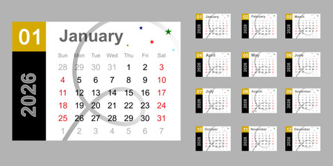 A set of 2026 vector calendar layout modern yellow and gray design horizontal format Monday start clean printable planner wall grid yearly overview each month minimal typography days organized by week