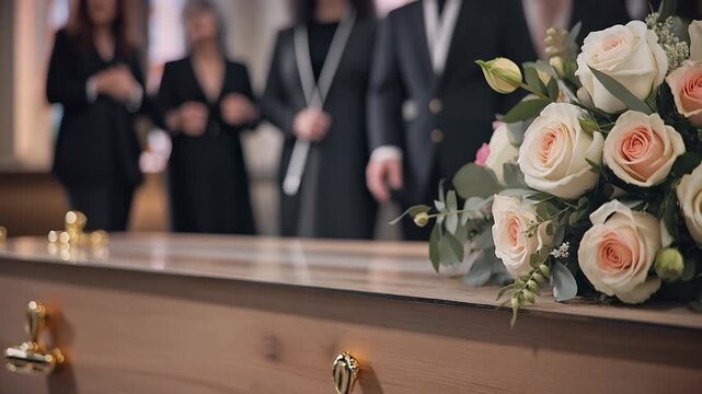 Funeral Casket with Floral Arrangement and Mourning Attendees