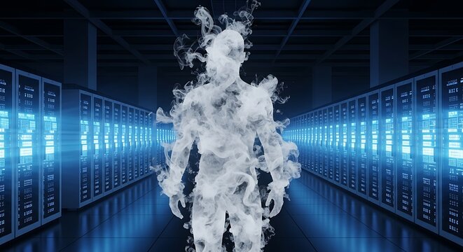Digital smoke human silhouette in server room representing cloud data processing and virtual identity technology. - Powered by Adobe