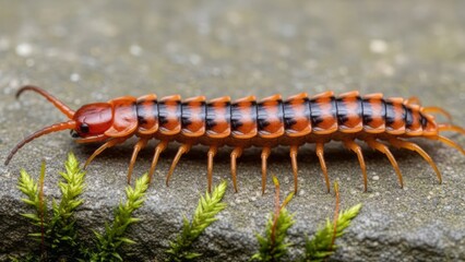 Fototapeta premium Close-up of a Colorful Millipede on Stone Insect Macro Photography Nature. Concept featuring millipede, insect, macro photography, nature, wildlife.