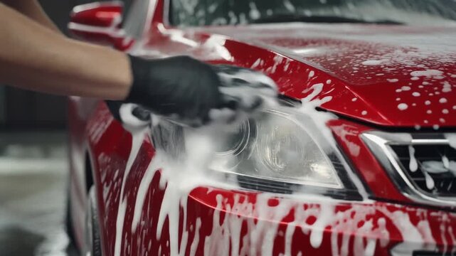 Close-up of gloved hand washing the front headlight of a red car with white soap foam at a car wash.