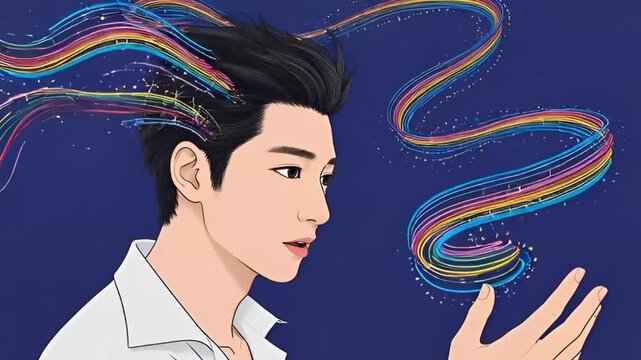 A man dreaming, colorful smoke clouds shaped like thoughts, fantasy digital painting, soft glow, artistic surrealism
