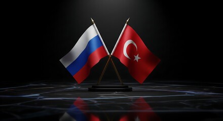 Russia and Turkey national flags symbolizing diplomatic relations, international cooperation on a dark, reflective surface.