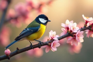 Obraz premium Great tit perched on blossoming branch, spring sunlight , feather, fauna, sunshine