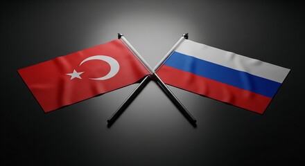 Crossed Flags of Turkey and Russia on Dark Background, Representing International Relations and Bilateral Diplomacy