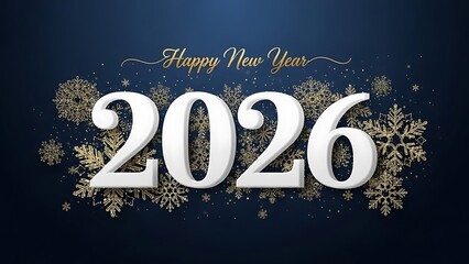Happy new year 2026 with elegant golden snowflakes and sparkling accents on a deep blue background