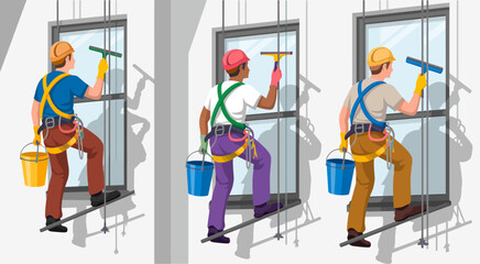 A trio of dedicated window cleaners diligently working on a high-rise building, illustrating the importance of safety, teamwork, and professionalism in the cleaning industry.