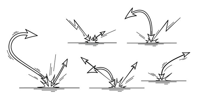 Dynamic collection of hand-drawn bouncing arrows showing impact, rebound, and resilience, sketched in a comic doodle vector style.
