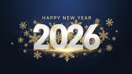 Happy new year 2026 celebration with sparkling golden snowflakes on a dark blue background